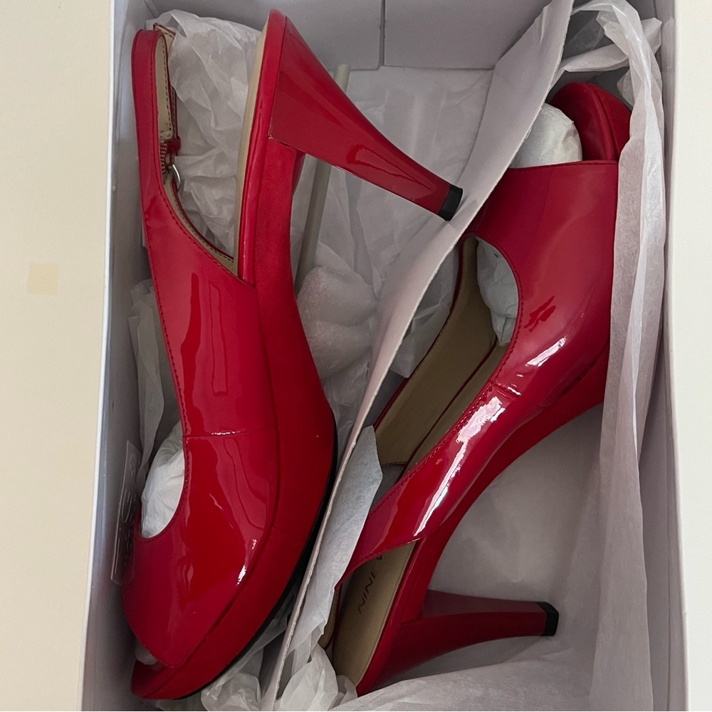Nine West Glossy Red Peep-Toe Heels - Picture 3 of 6